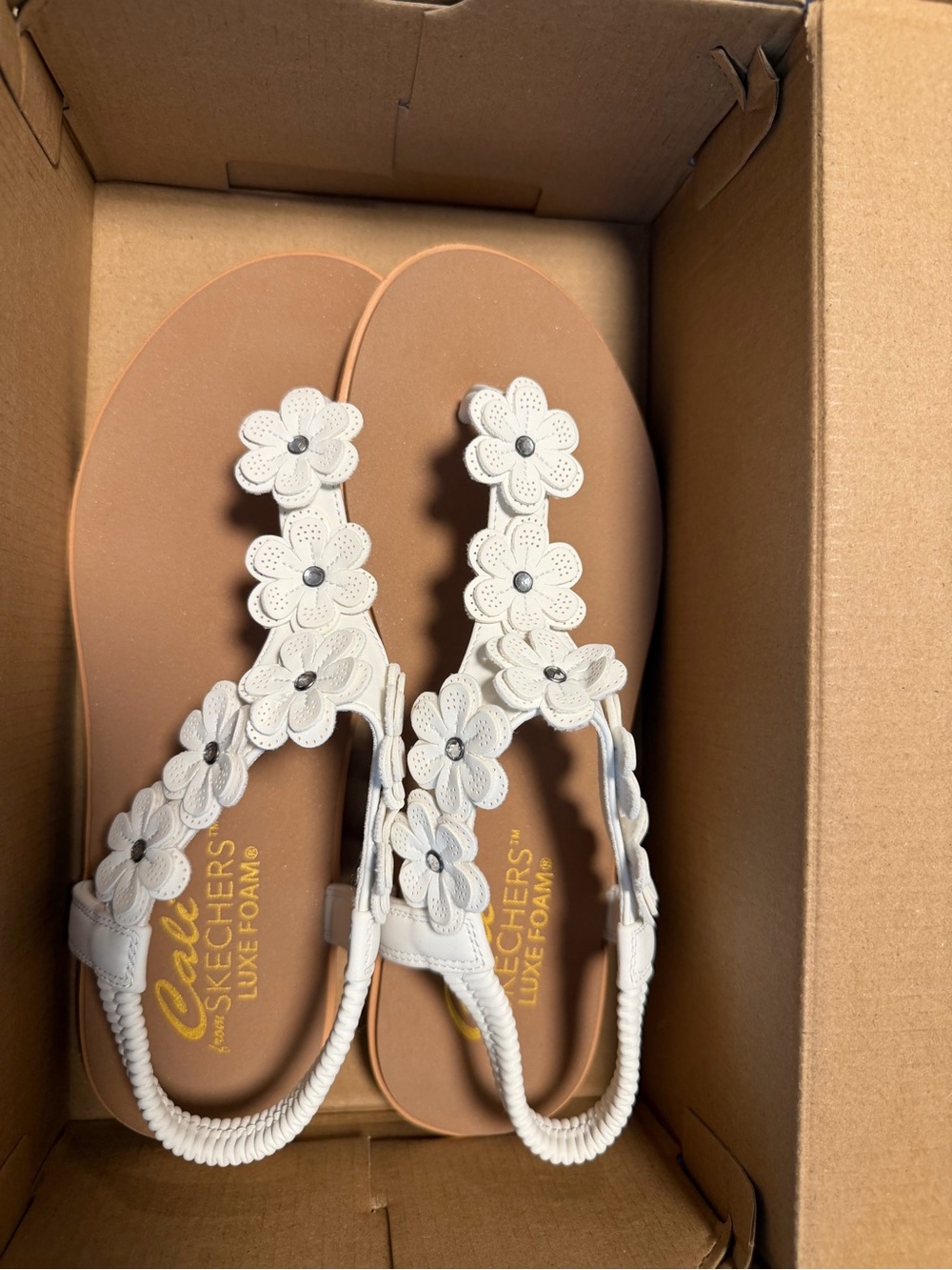 Skechers White Floral T-Strap Slingback Sandals
